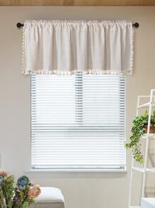 1pc Beige Solid Color Japanese Style Square Pattern Design Curtain With Tassel Lace Trimming, For Decorative Living Room, Bedroom Window And Door Separation - Beige - View 9