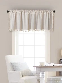 1pc Beige Solid Color Japanese Style Square Pattern Design Curtain With Tassel Lace Trimming, For Decorative Living Room, Bedroom Window And Door Separation - Beige - View 5