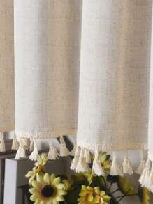 1pc Beige Solid Color Japanese Style Square Pattern Design Curtain With Tassel Lace Trimming, For Decorative Living Room, Bedroom Window And Door Separation - Beige - View 4