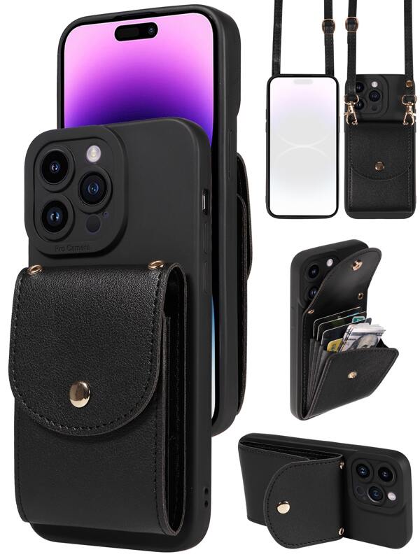 1pc Multifunctional PU Leather Phone Case With Card Slots & Shoulder Strap Compatible With Iphone 16, Samsung///OPPO Smartphones