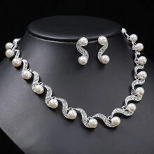Bộ trang sức cưới ngọc trai lớn thời trang mới thanh lịch bằng bạc hợp kim pha lê hoa tai và vòng cổ cho phụ nữ làm quà tặng thiết kế chuỗi xương - Bạc - Xem 5