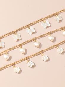 3 件装女孩花朵、心形和蝴蝶装饰铁质手链，适合日常装饰