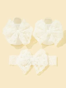 1入組嬰兒綁結蝴蝶結裝飾織物髮帶和1雙防滑襪子適用於日常生活 - 白色 - 查看 1