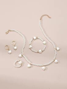 1入組女孩愛心裝飾塑膠串珠項鏈和1入組串珠手鏈和1入組戒指和1對耳墜日常裝飾 - 白色 - 查看 1