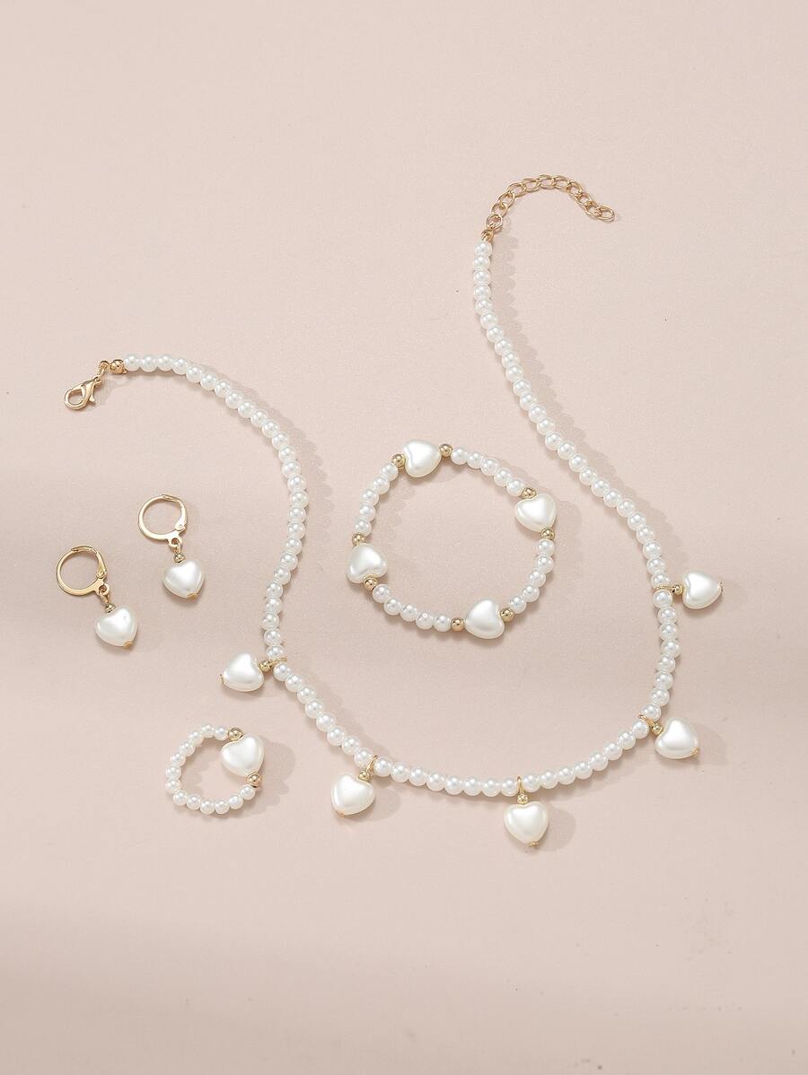 1入組女孩愛心裝飾塑膠串珠項鏈和1入組串珠手鏈和1入組戒指和1對耳墜日常裝飾 - 白色 - 查看 1