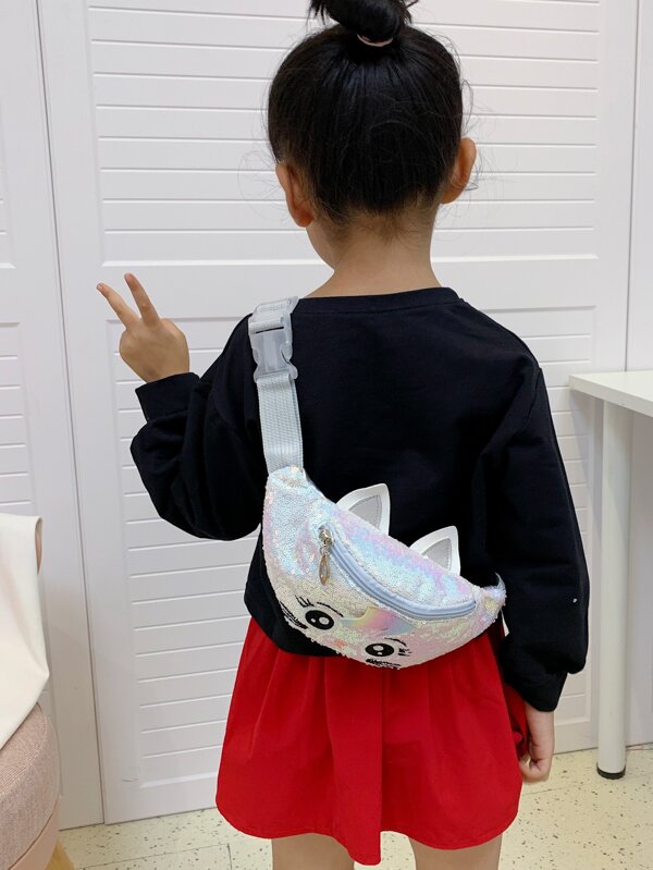 Girls' Cute Waist Bag With Cat Embroidery And Glitter Material For