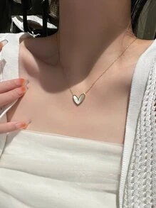 VceTd 1 件不锈钢项链，18k 镀金心形吊坠镶嵌白色亚克力切片，是情人节、妈妈、母亲、母亲节、礼物等节日送给女性的理想礼物 - 金黃色 - 查看 3