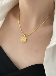 VceTd 1pc Stainless Steel Necklace With Yellow Four Leaf Clover Pendant - Yellow Gold - View 3