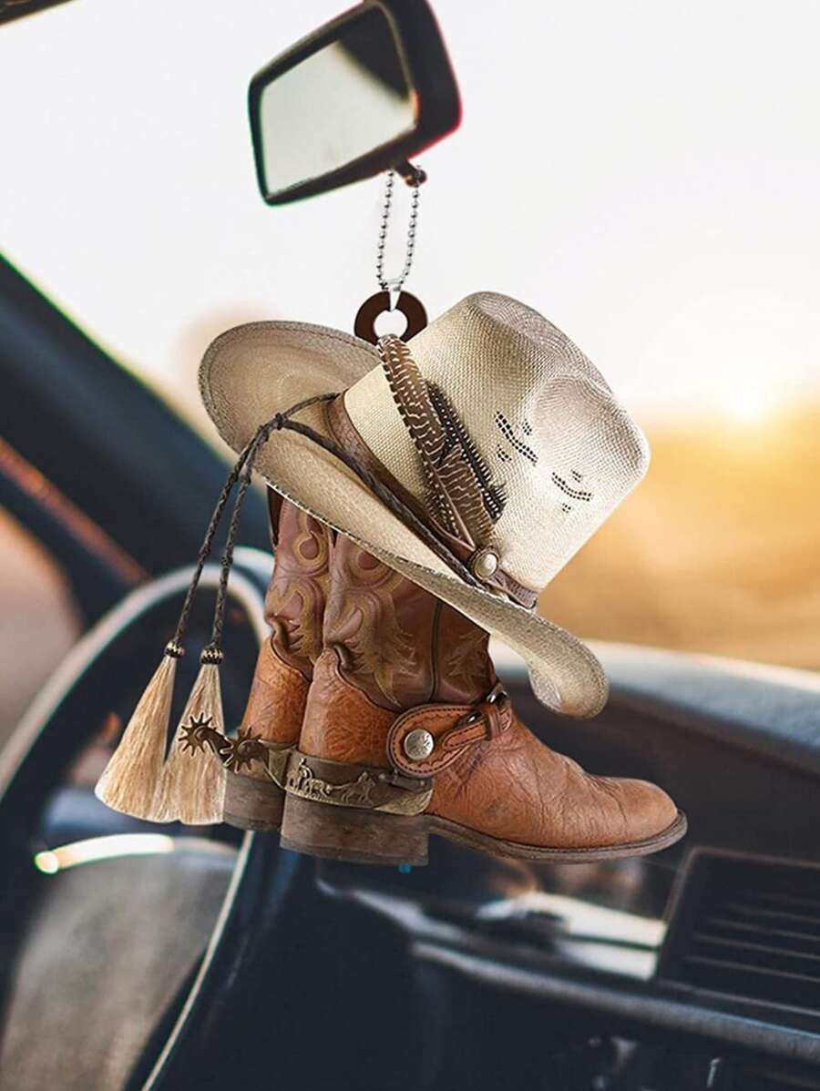 1pc Western Cowboy Boot Shaped Key Chain, Personalized Cowboy Boot & Hat Design Flat Car Decoration - Camel - View 1