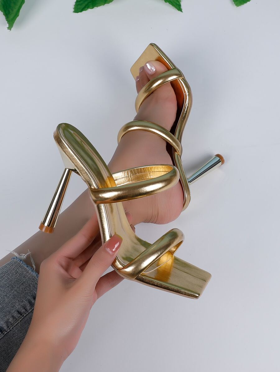 Solid Color Square Toe Fashion High Heel Women's Sandals - Gold - View 1