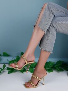 Solid Color Square Toe Fashion High Heel Women's Sandals - Gold - View 2
