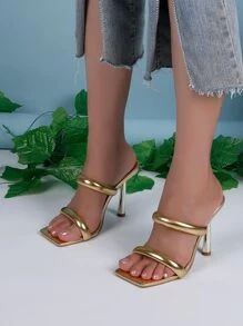 Solid Color Square Toe Fashion High Heel Women's Sandals - Gold - View 5