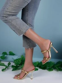 Solid Color Square Toe Fashion High Heel Women's Sandals - Gold - View 4