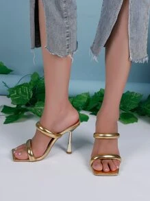 Solid Color Square Toe Fashion High Heel Women's Sandals - Gold - View 6