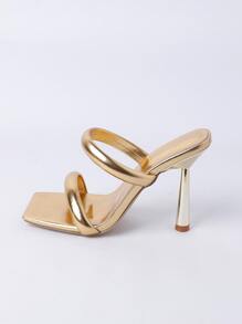 Solid Color Square Toe Fashion High Heel Women's Sandals - Gold - View 10