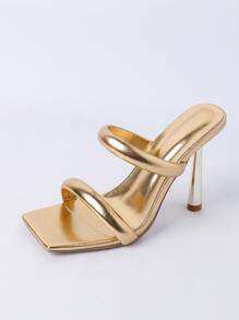 Solid Color Square Toe Fashion High Heel Women's Sandals - Gold - View 9