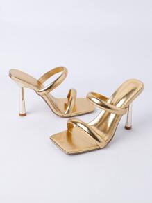 Solid Color Square Toe Fashion High Heel Women's Sandals - Gold - View 7