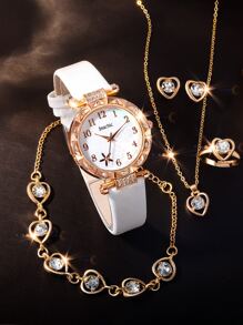 6入組/套可愛PU皮革和水鑽女孩手錶 - 白色 - 查看 1