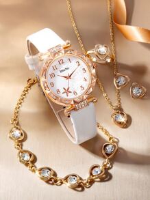 6入組/套可愛PU皮革和水鑽女孩手錶 - 白色 - 查看 3