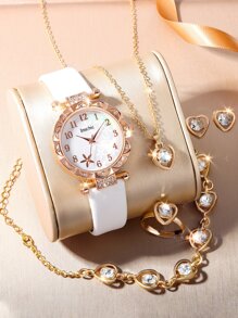 6入組/套可愛PU皮革和水鑽女孩手錶 - 白色 - 查看 2