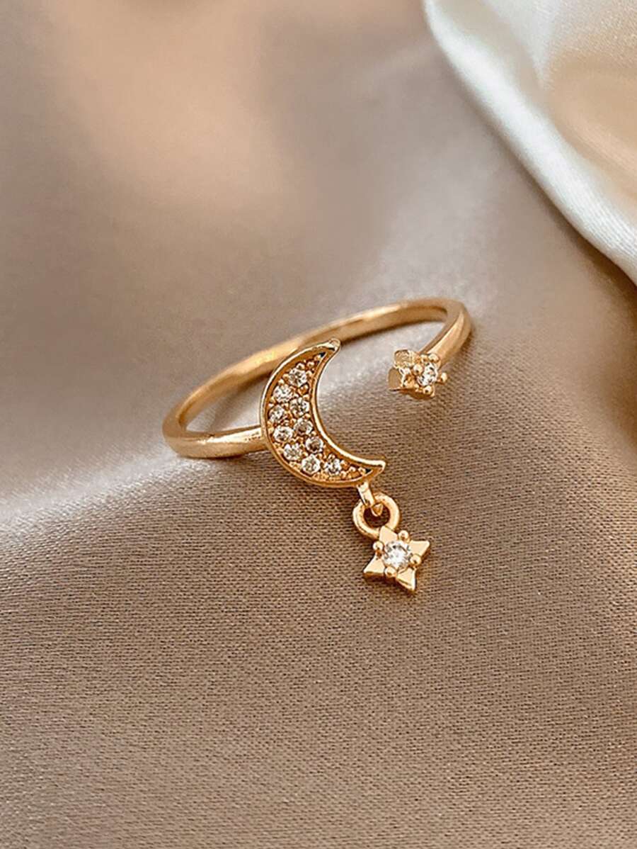 1pc Micro Inlaid Stars & Moon Open Adjustable Ring