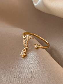 1pc Micro Inlaid Stars & Moon Open Adjustable Ring