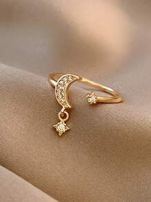 1pc Micro Inlaid Stars & Moon Open Adjustable Ring