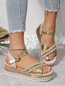 Sandale de vară, cu cusături de in, cu curele încrucișate, pentru femei, ocazional, confortabile, cu toc cu pană, cu tonuri metalice aurii - Aur - Vizualizare 4