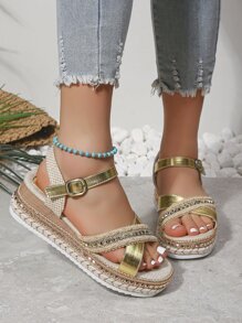 Sandale de vară, cu cusături de in, cu curele încrucișate, pentru femei, ocazional, confortabile, cu toc cu pană, cu tonuri metalice aurii - Aur - Vizualizare 5