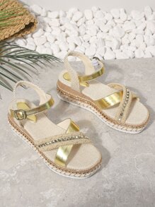 Sandale de vară, cu cusături de in, cu curele încrucișate, pentru femei, ocazional, confortabile, cu toc cu pană, cu tonuri metalice aurii - Aur - Vizualizare 6