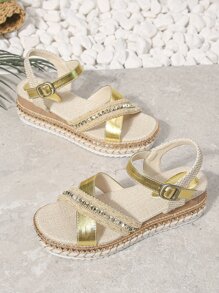 Sandale de vară, cu cusături de in, cu curele încrucișate, pentru femei, ocazional, confortabile, cu toc cu pană, cu tonuri metalice aurii - Aur - Vizualizare 7