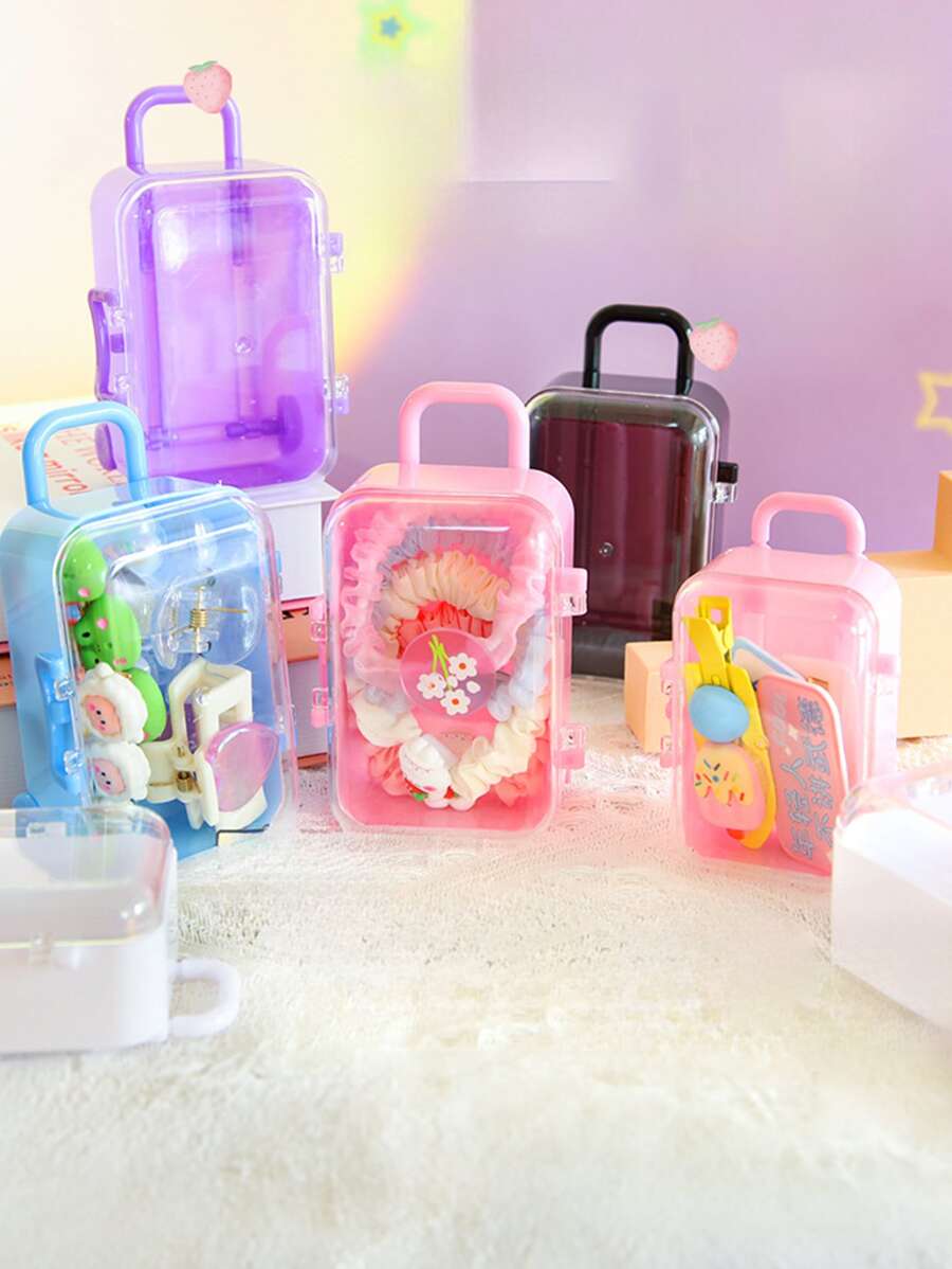 可愛迷你拉桿箱收納盒創意可移動手提箱首飾類首飾盒書桌整理盒糖果盒 - 藍色 - 查看 1