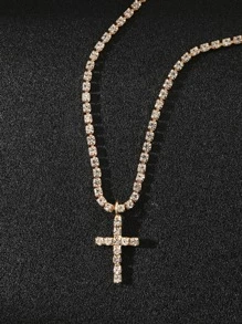 1pc Luxury Rhinestone Studded Cross Necklace, Unisex Hip-Hop Style Gift For Parties And Festivals - Multicolor - View 12