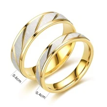 2 件简约双色不锈钢情侣戒指，结婚珠宝礼物 - 金色 - 查看 3