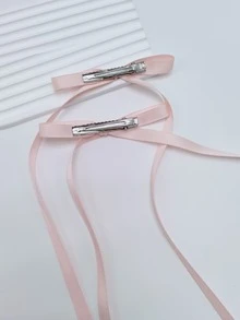 2入組女士純色蝴蝶結發夾，甜美女孩長緞帶髮夾，優雅的夾式髮飾