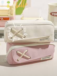 1pc Simple Large Capacity Button Closure Pencil Case With Big Opening For Students' Multifunction - Beige - View 3