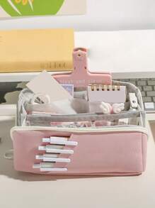 1pc Simple Large Capacity Button Closure Pencil Case With Big Opening For Students' Multifunction - Beige - View 2