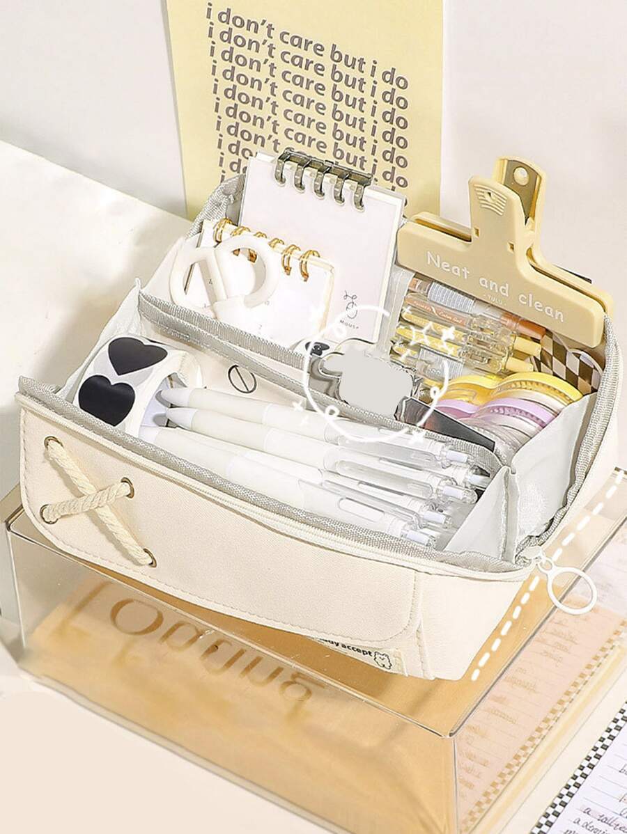 1pc Simple Large Capacity Button Closure Pencil Case With Big Opening For Students' Multifunction - Beige - View 1