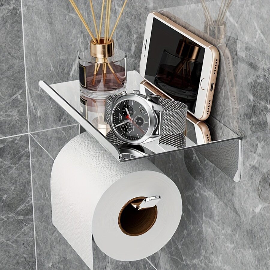 Selfadhesive Toilet Paper Holder With Phone Shelf, Screwin Wall
