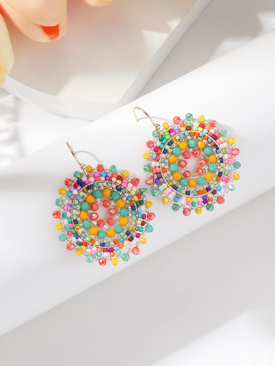 1對波西米亞風格彩色串珠編織耳環適合女士,日常首飾配件 - 彩色 - 查看 1