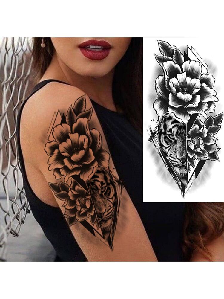 20pcs Temporary Tattoo Stickers, Sexy Floral Rose Design In Big And Small Size, Suitable For Women, Girls, Adults; Body Art, Fake Arm Tattoo Sticker, Waterproof Black Butterfly Flower, Tiger Pattern Tattoo