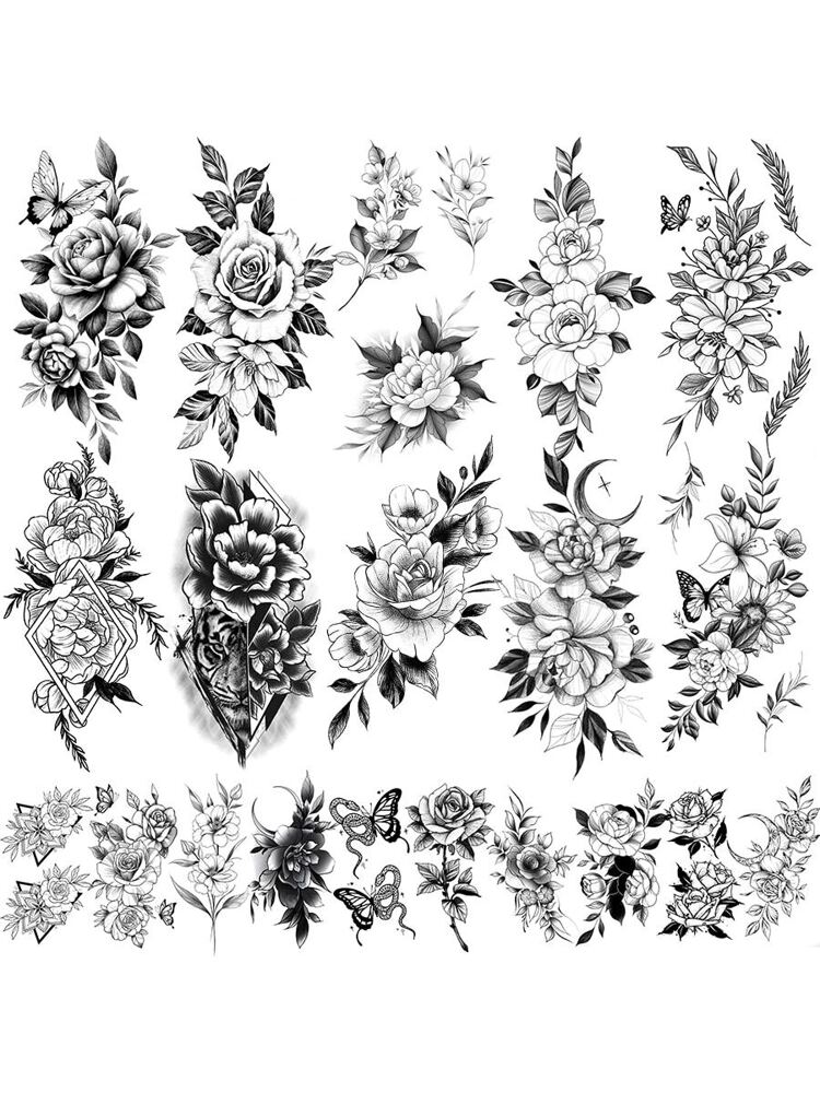 20pcs Temporary Tattoo Stickers, Sexy Floral Rose Design In Big And Small Size, Suitable For Women, Girls, Adults; Body Art, Fake Arm Tattoo Sticker, Waterproof Black Butterfly Flower, Tiger Pattern Tattoo