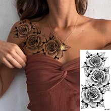 7黑色花,手臂身體一次性紋身適合女士和女孩,防水假紋身逼真大玫瑰月亮紋身貼紙