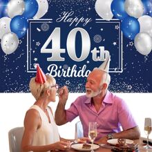 Dienalls 6x4ft Happy 40th Birthday Decorations 40th Blue Silver Color Balloon Birthday Banner Backdrop - Blue - View 3