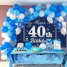 Dienalls 6x4ft Happy 40th Birthday Decorations 40th Blue Silver Color Balloon Birthday Banner Backdrop - Blue - View 6
