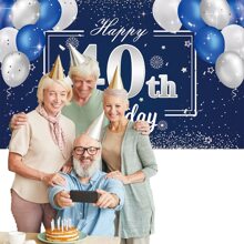 Dienalls 6x4ft Happy 40th Birthday Decorations 40th Blue Silver Color Balloon Birthday Banner Backdrop - Blue - View 4