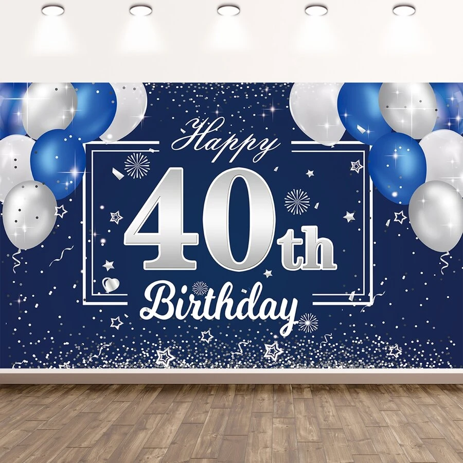 Dienalls 6x4ft Happy 40th Birthday Decorations 40th Blue Silver Color Balloon Birthday Banner Backdrop - Blue - View 1