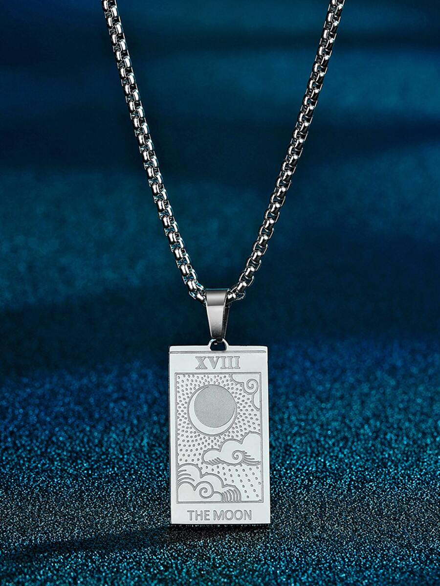 1入組塔羅牌吊墜項鍊女式月亮不銹鋼項鍊 - 銀色 - 查看 1