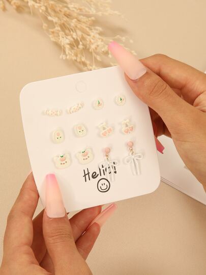 6 Pares de Brincos Coloridos de Desenho Animado com Esmalte Gotejante para Mulheres