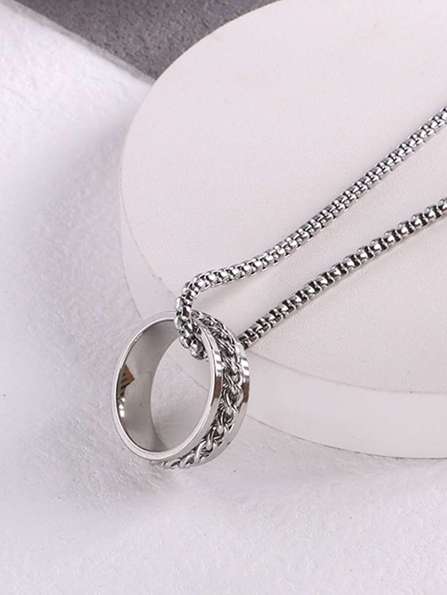 1入組男士不銹鋼戒指吊坠項鍊帶60cm鏈條 - 銀色 - 查看 1